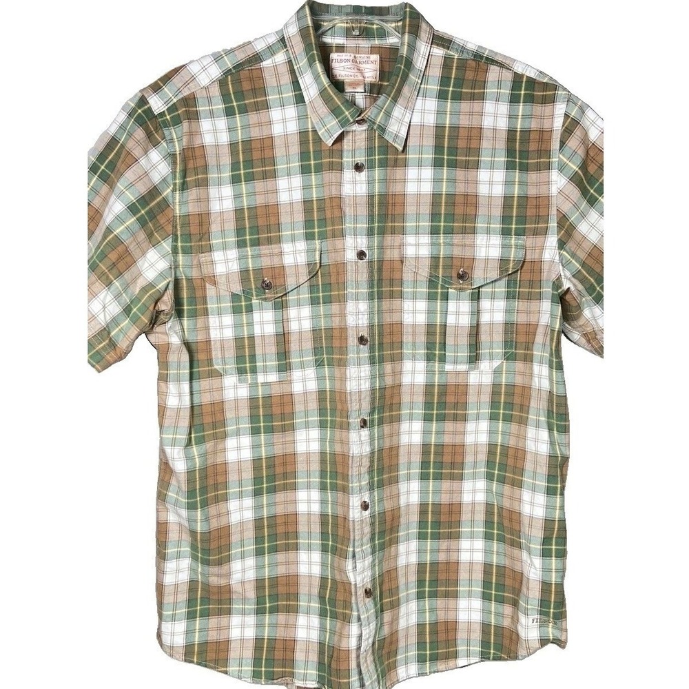 Filson Plaid Shirt Men XL Short Sleeve Green Brown Flap Pocket Workwear Gorpcore